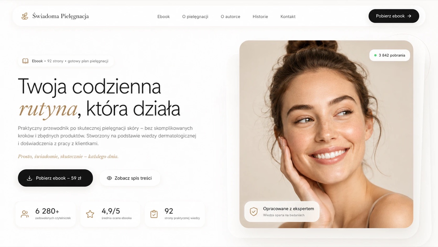 Świadoma Pielęgnacja — лендінг e-book про догляд за шкірою